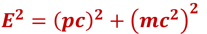 相対論的エネルギーと運動量の関係式「E² = (pc)² + (mc²)²」を赤色で示した数式画像。ここで、Eは全エネルギー、pは運動量、mは静止質量、cは光速を表す。